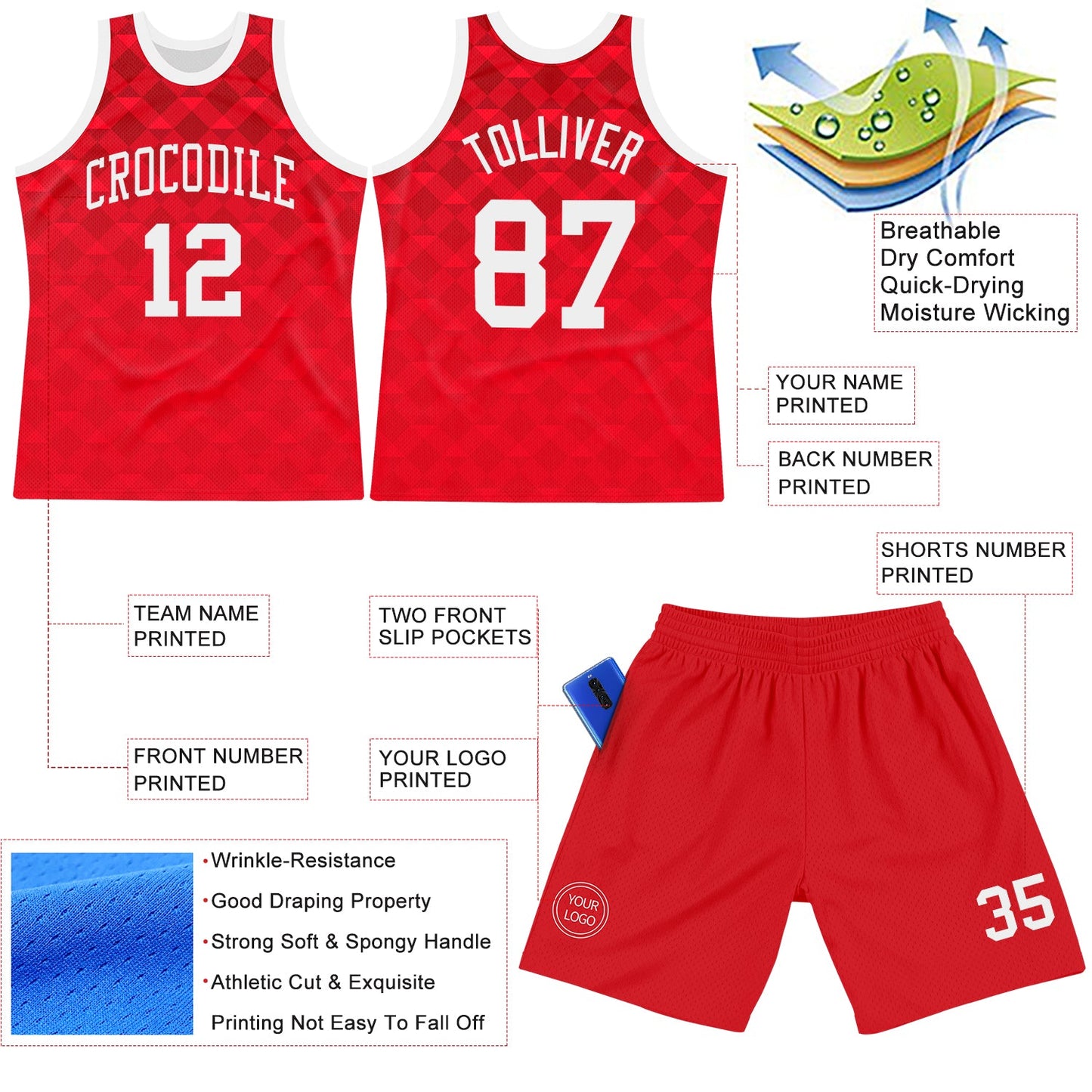 Custom Red White Geometric Shape Round Neck Sublimation Basketball Suit Jersey Limited