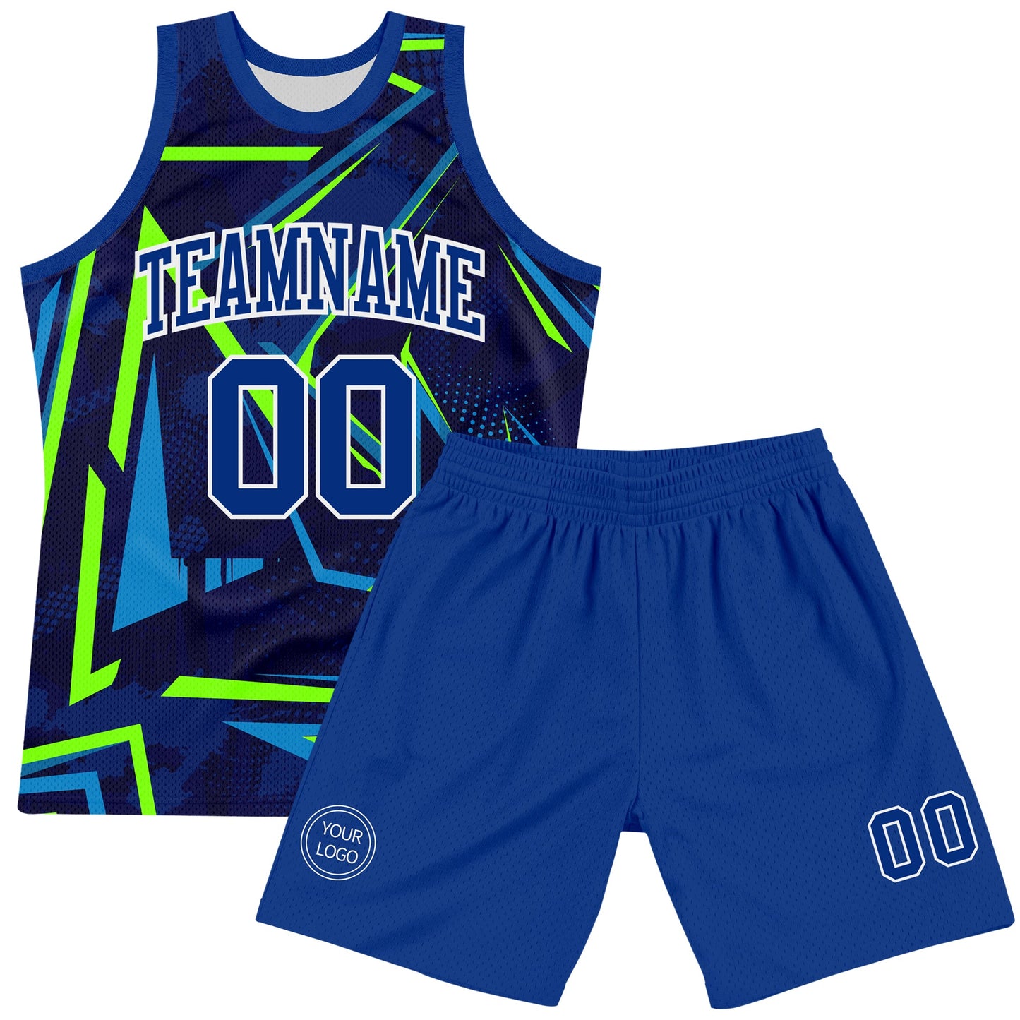 Custom Royal Neon Green-White Geometric Shape Round Neck Sublimation Basketball Suit Jersey Limited