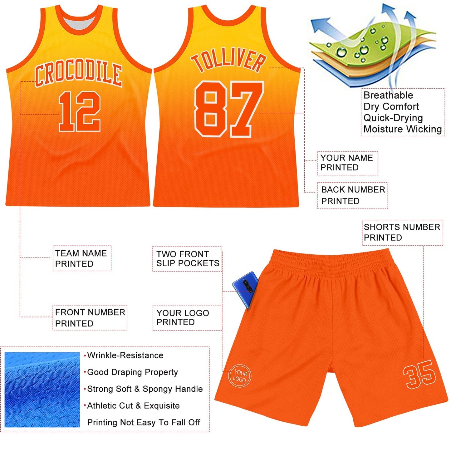 Custom Yellow Orange-White Fade Fashion Round Neck Sublimation Basketball Suit Jersey Limited