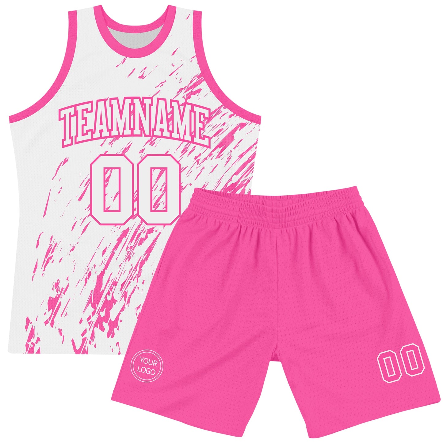 Custom White Pink Splash Round Neck Sublimation Basketball Suit Jersey Limited