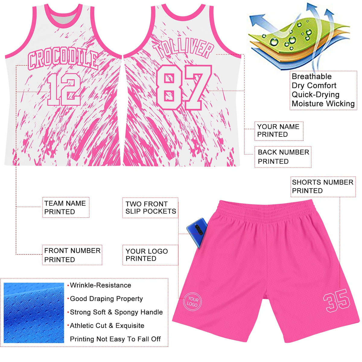 Custom White Pink Splash Round Neck Sublimation Basketball Suit Jersey Limited
