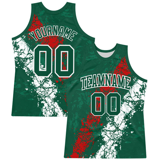 Custom Green Red-White Splash Round Neck Sublimation Basketball Suit Jersey