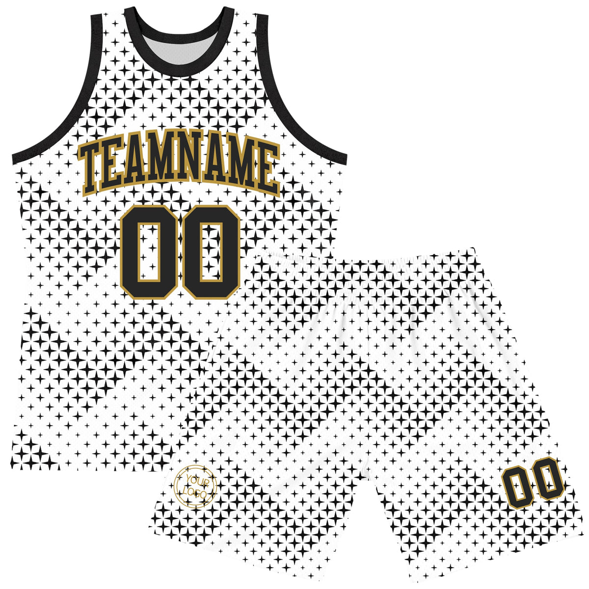 Custom White Black-Old Gold Geometric Shape Round Neck Sublimation Basketball Suit Jersey Limited