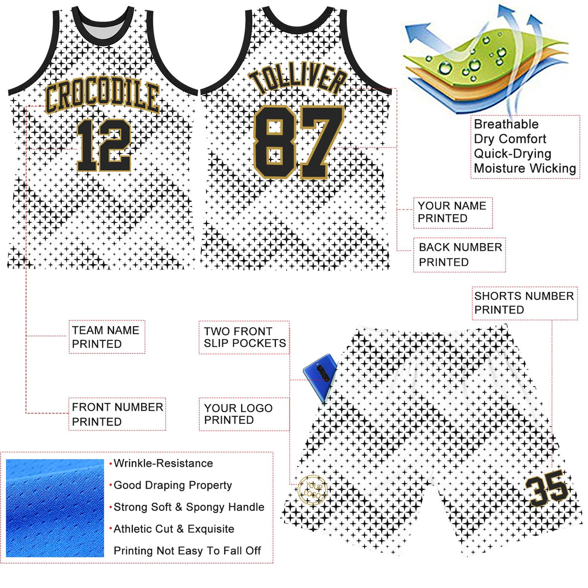 Custom White Black-Old Gold Geometric Shape Round Neck Sublimation Basketball Suit Jersey Limited