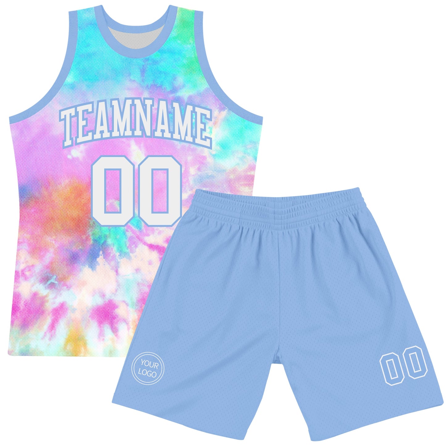 Custom Tie Dye White-Light Blue Round Neck Sublimation Basketball Suit Jersey Limited