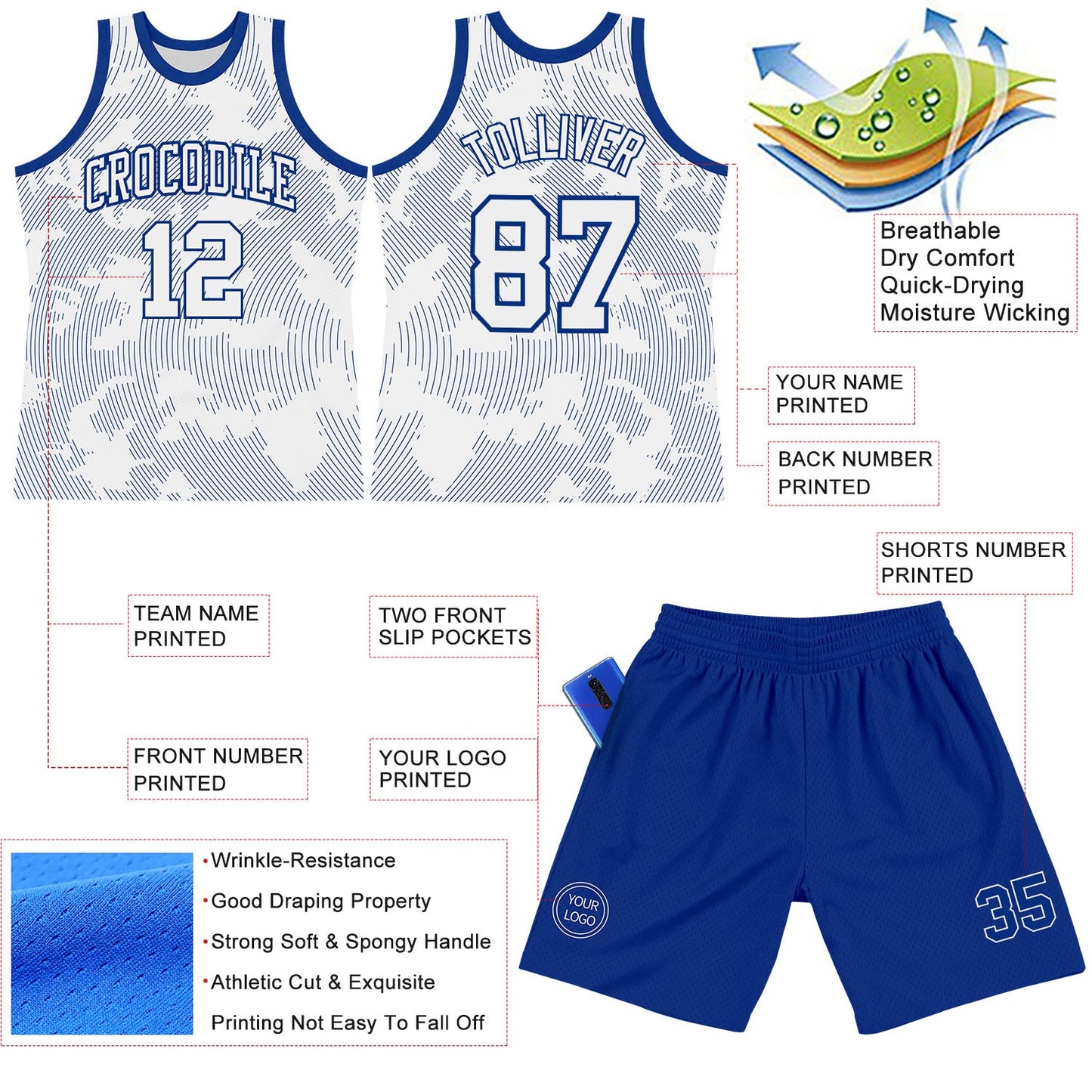 Custom White Royal Curve Lines Round Neck Sublimation Basketball Suit Jersey Limited