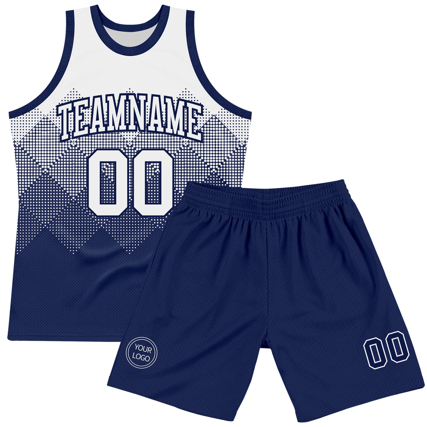 Custom White Navy Gradient Square Shapes Round Neck Sublimation Basketball Suit Jersey Limited
