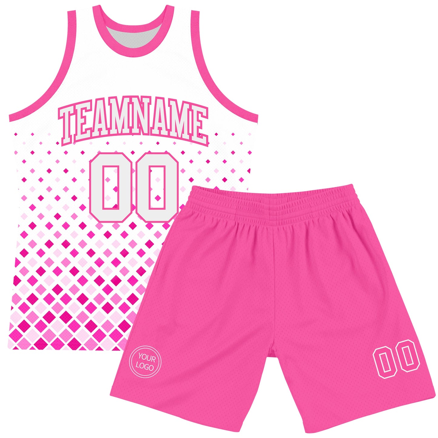 Custom White Pink Gradient Square Shapes Round Neck Sublimation Basketball Suit Jersey Limited