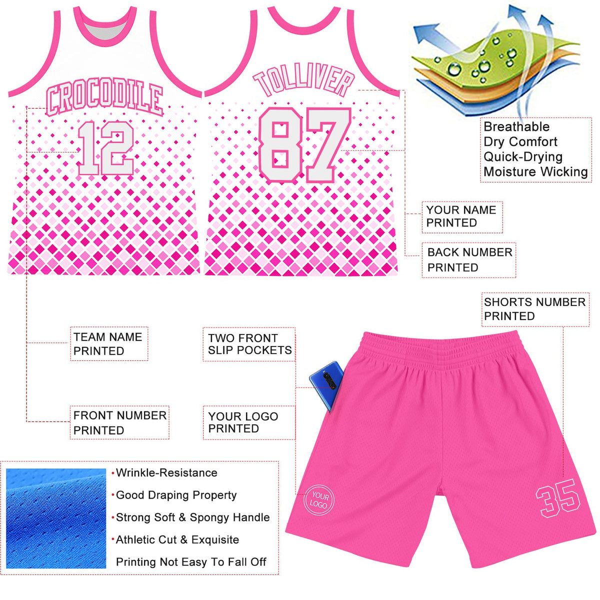 Custom White Pink Gradient Square Shapes Round Neck Sublimation Basketball Suit Jersey Limited