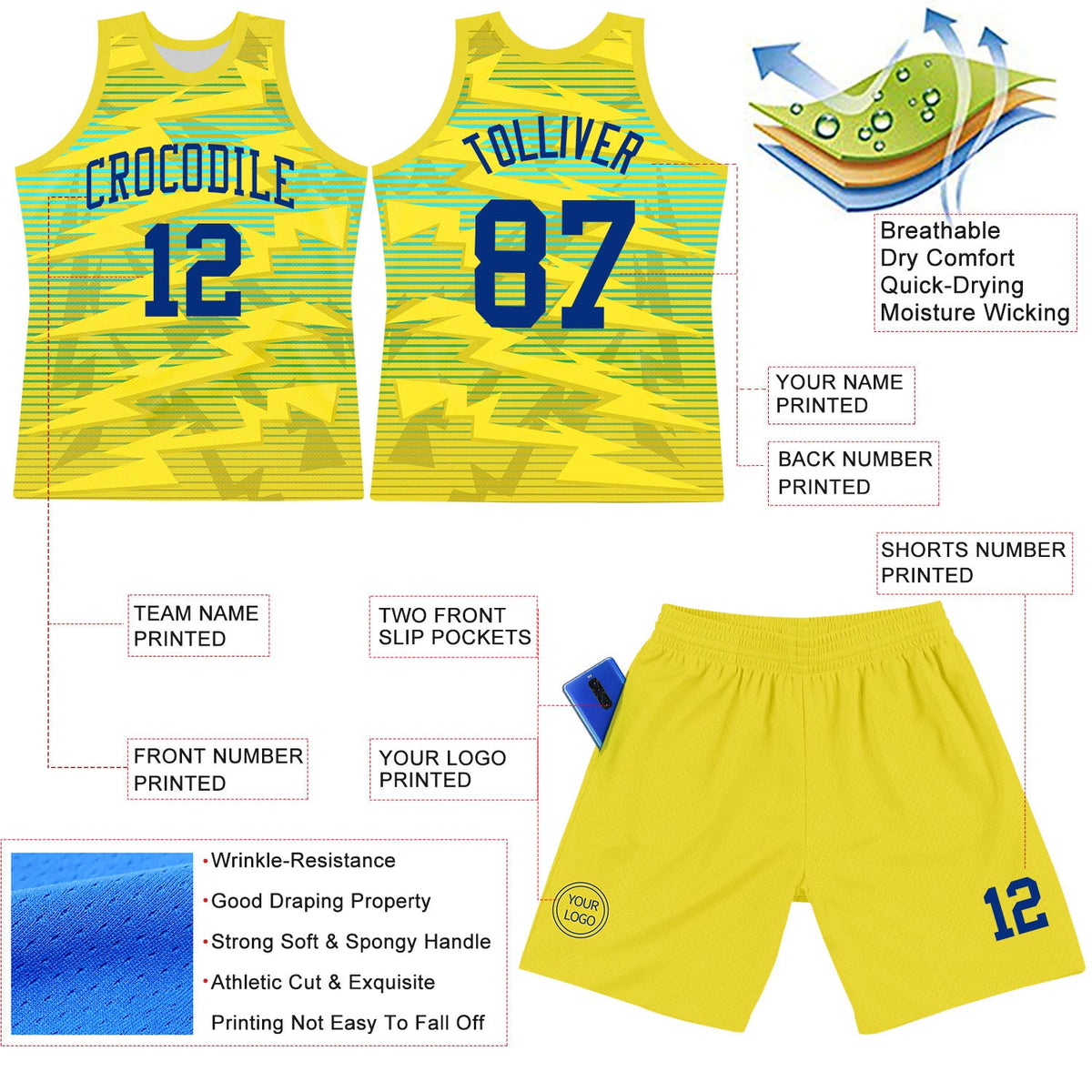 Custom Gold Royal-Light Blue Line Round Neck Sublimation Basketball Suit Jersey Limited