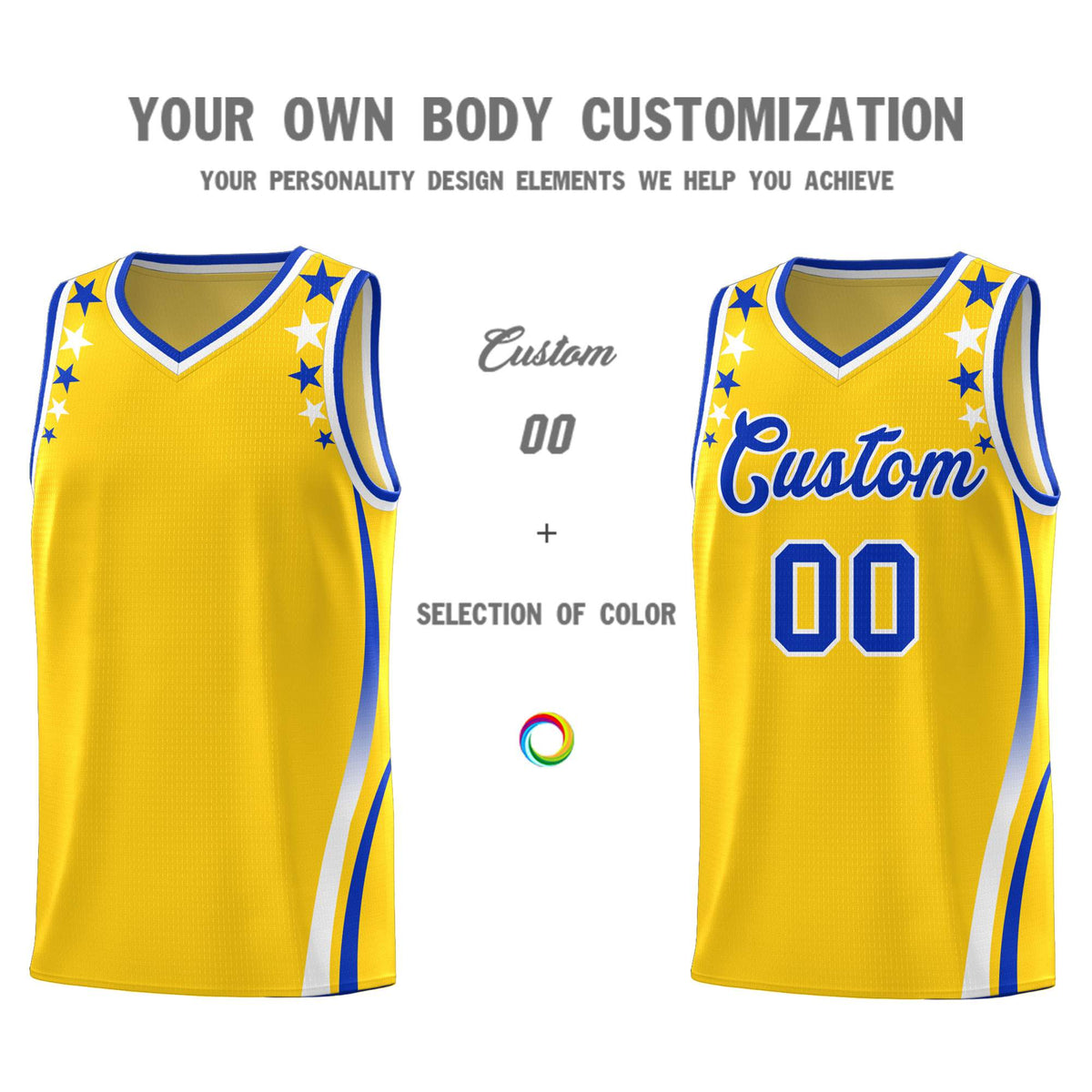 Custom Gold Shoulders Star Pattern Side Color Block Sports Uniform Basketball Jersey Limited