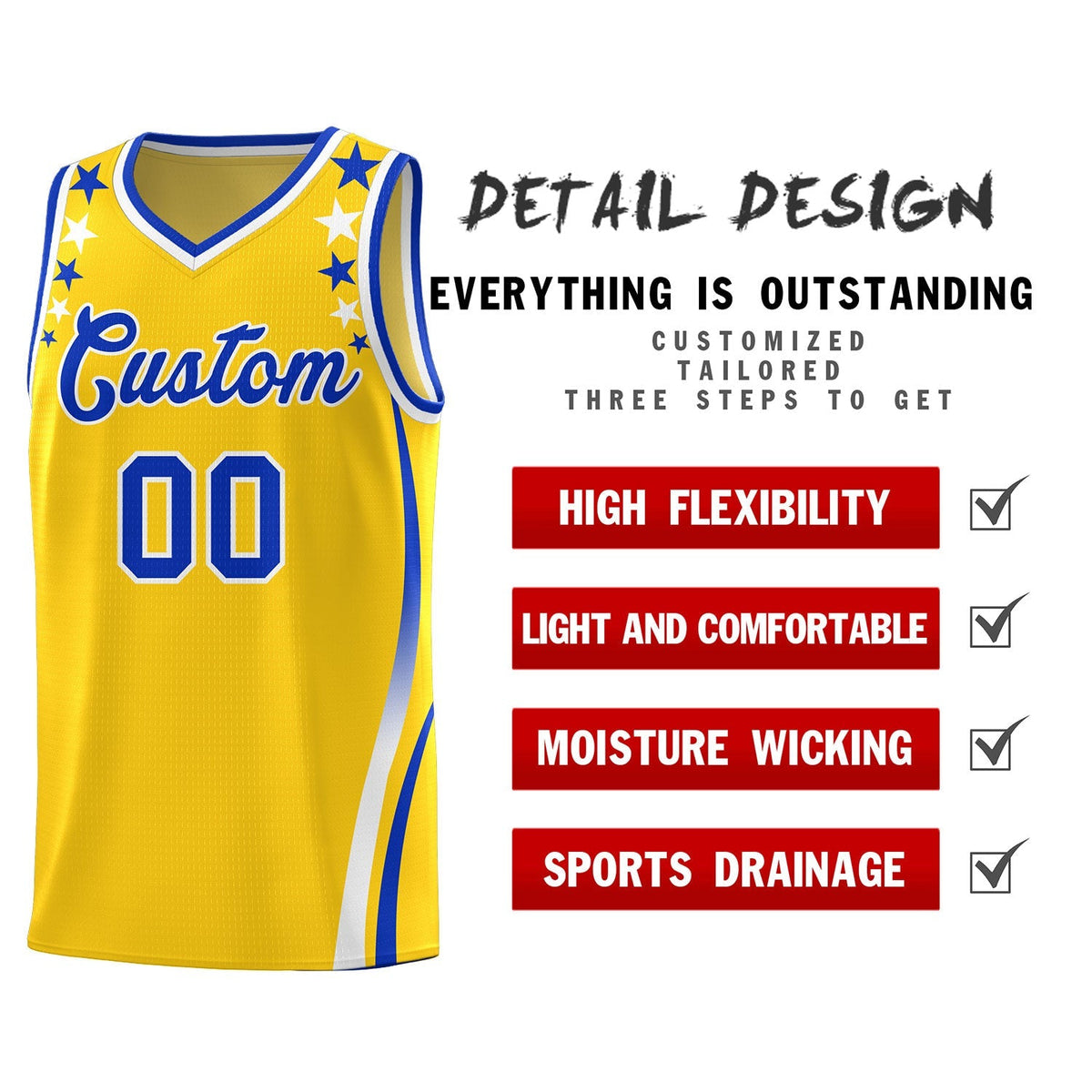 Custom Gold Shoulders Star Pattern Side Color Block Sports Uniform Basketball Jersey Limited