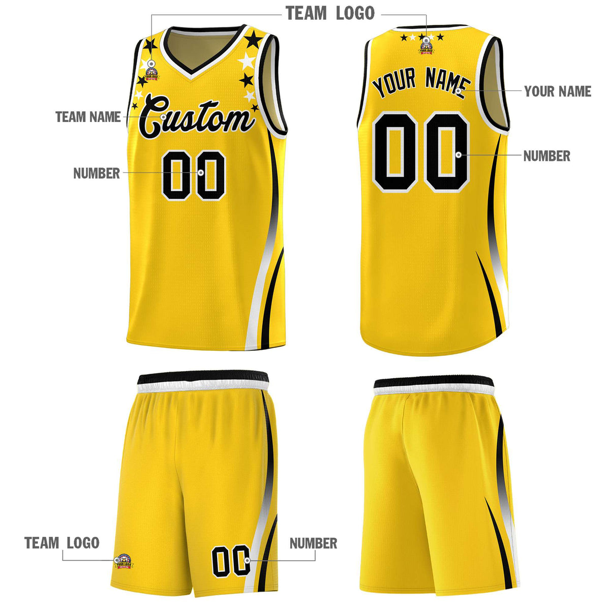 Custom Gold Shoulders Star Pattern Side Color Block Sports Uniform Basketball Jersey Limited