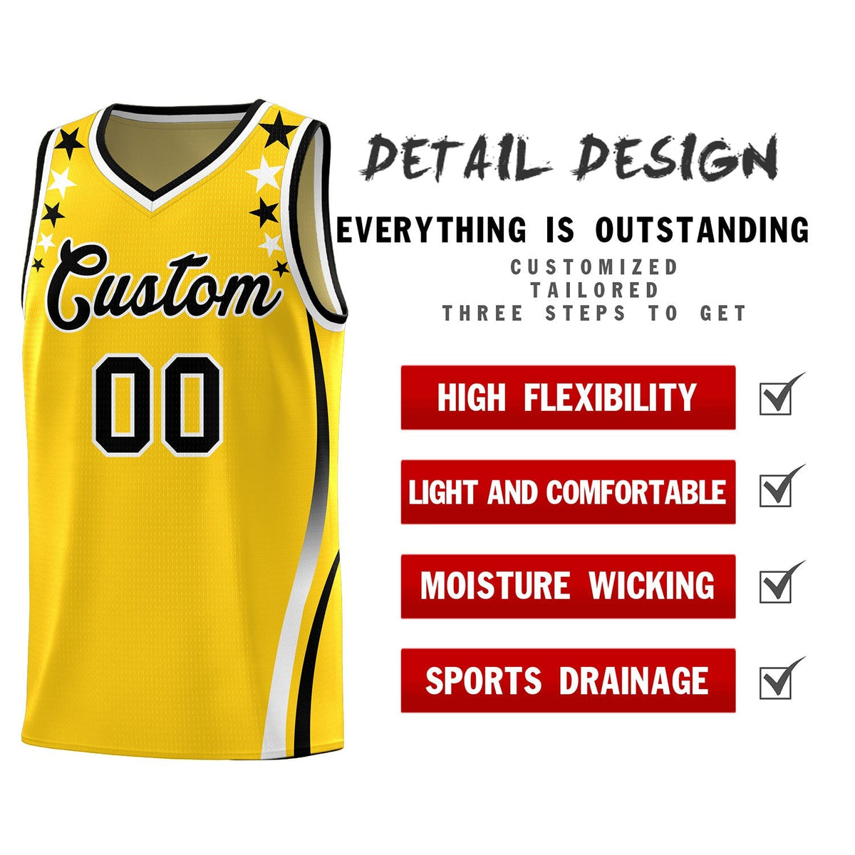 Custom Gold Shoulders Star Pattern Side Color Block Sports Uniform Basketball Jersey Limited