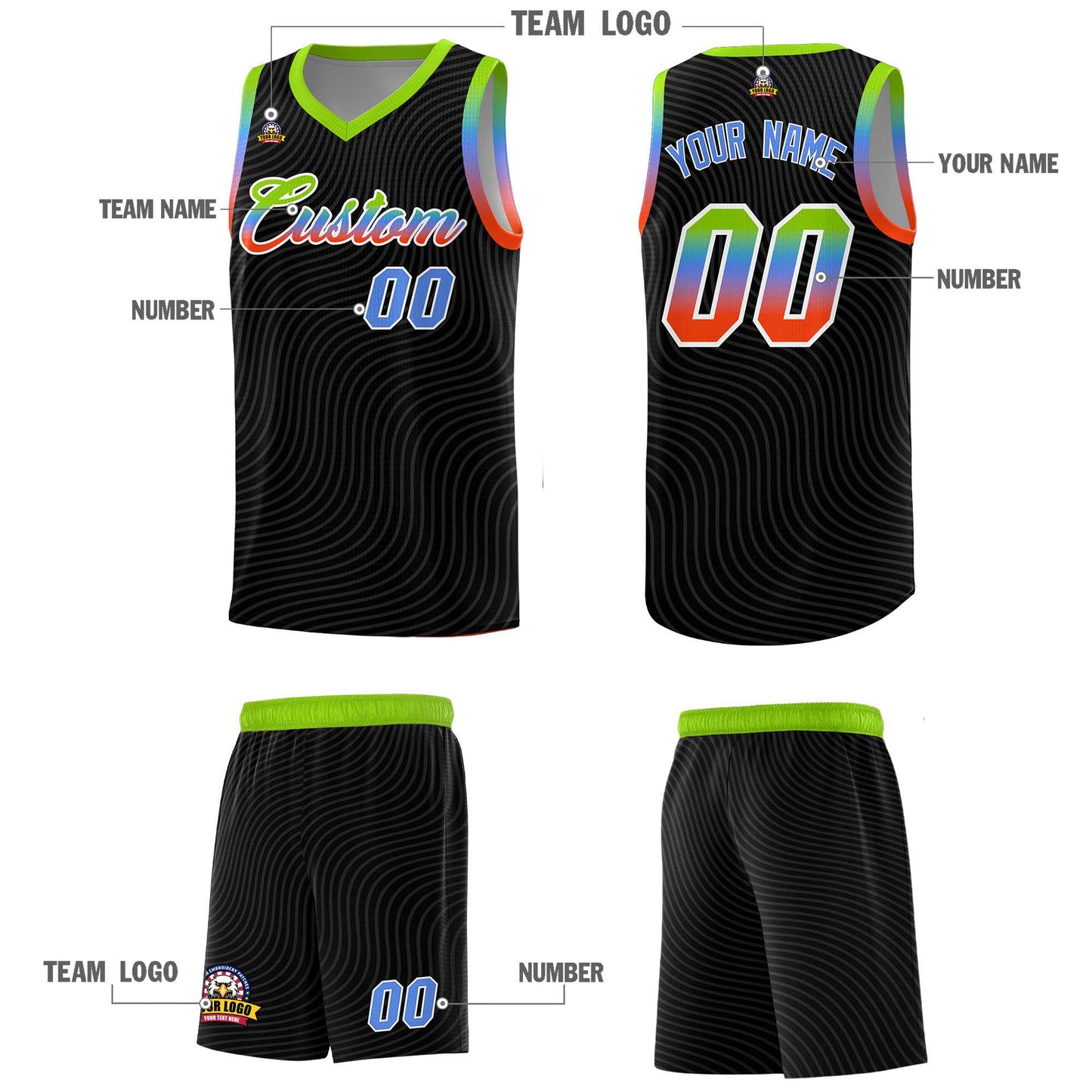 Custom Black Neon Green Wave Pattern Sports Uniform Basketball Jersey Limited
