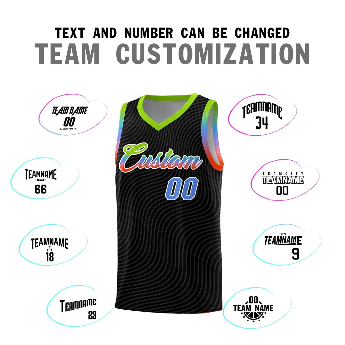 Custom Black Neon Green Wave Pattern Sports Uniform Basketball Jersey Limited