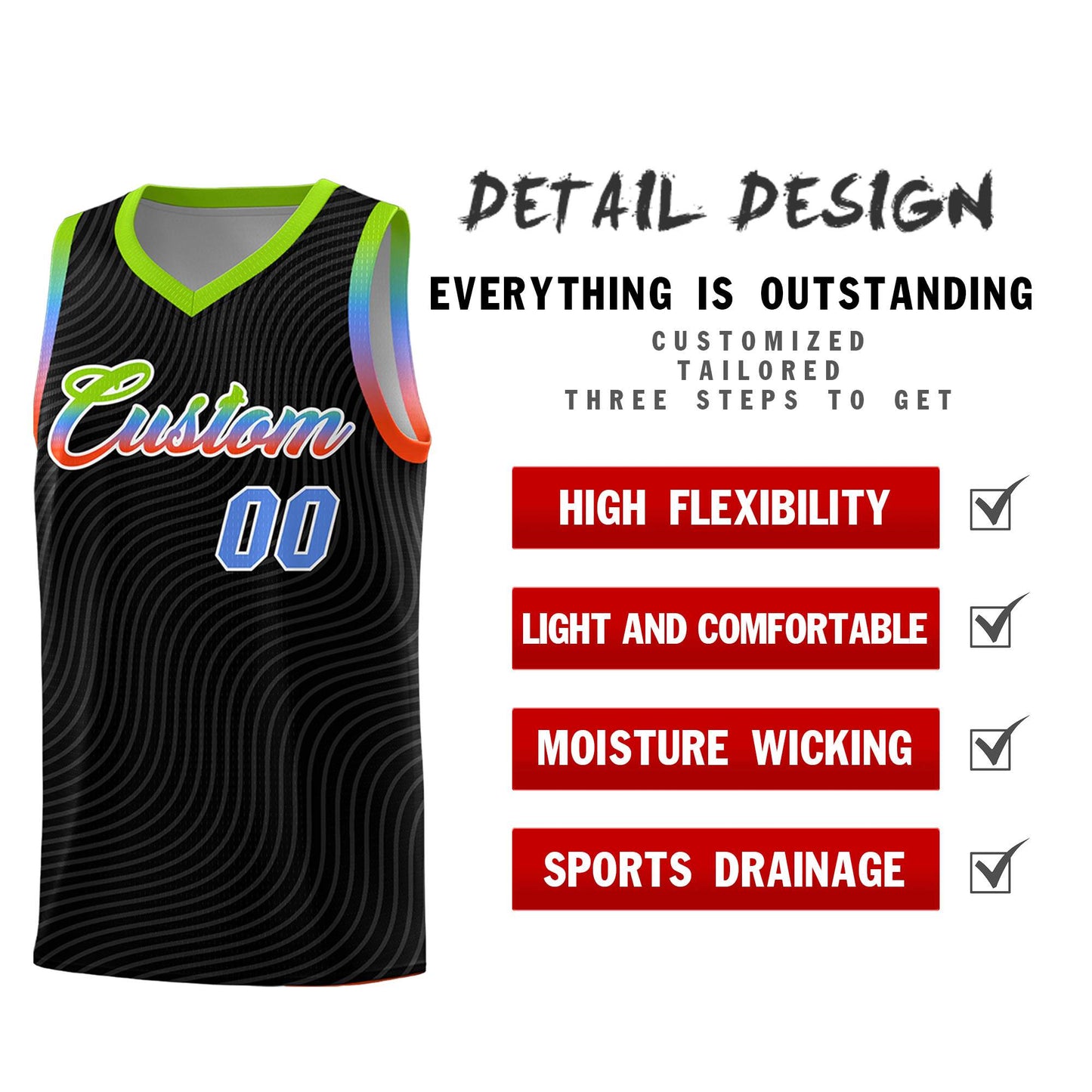 Custom Black Neon Green Wave Pattern Sports Uniform Basketball Jersey Limited