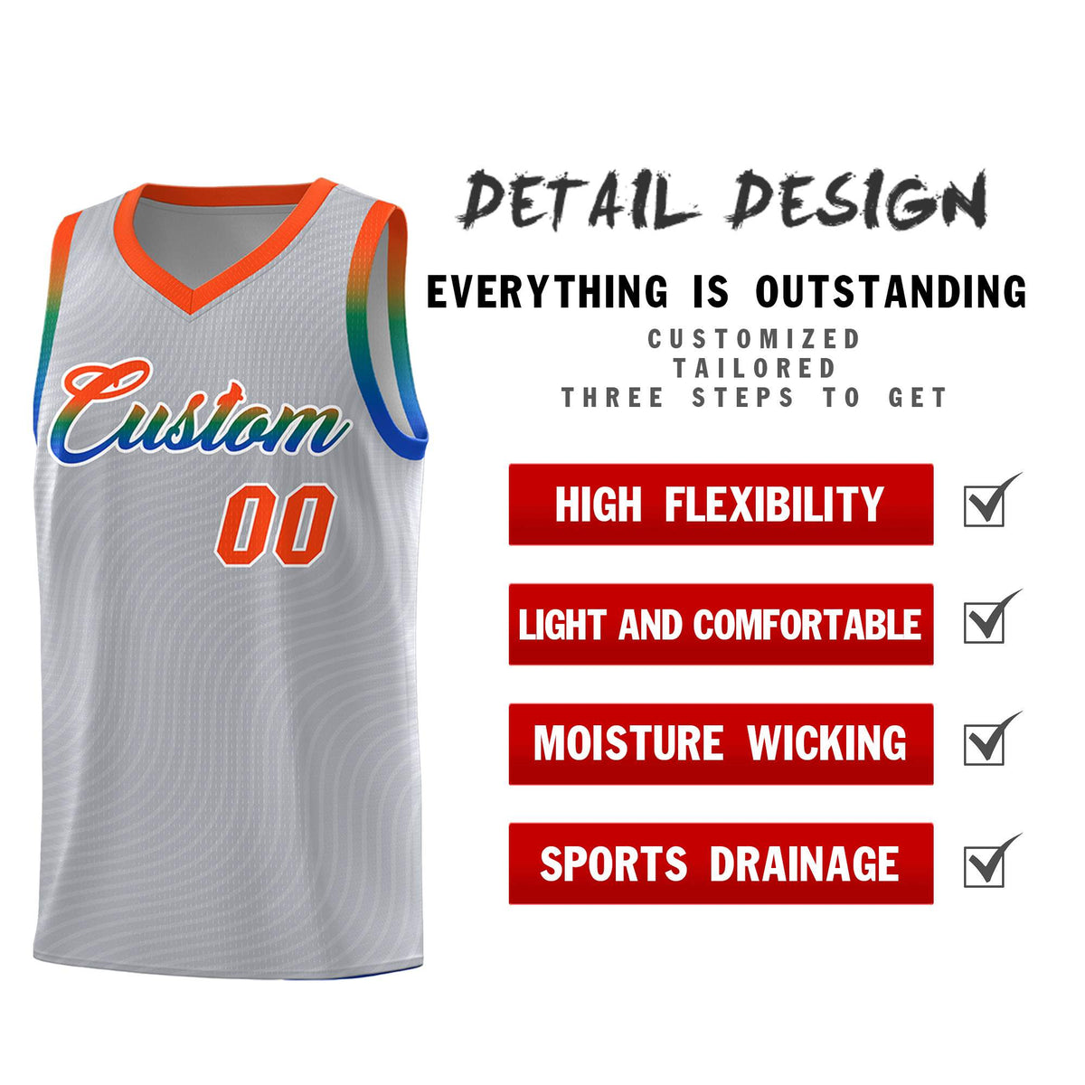 Custom Gray Orange Wave Pattern Sports Uniform Basketball Jersey Limited