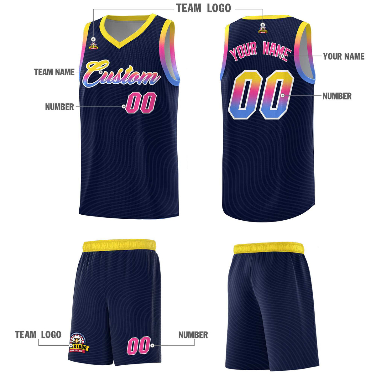 Custom Navy Gold Wave Pattern Sports Uniform Basketball Jersey Limited