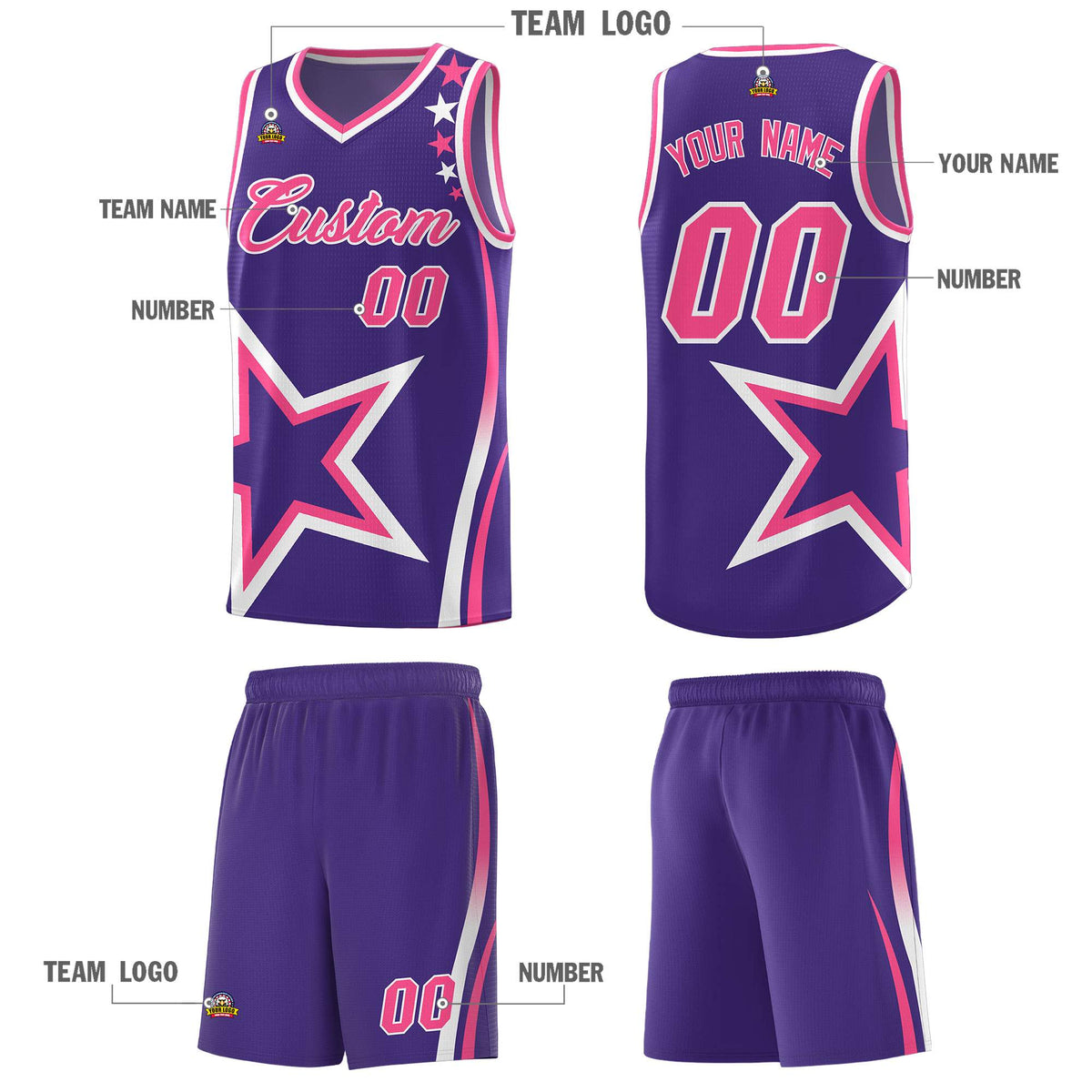 Custom Purple Shoulder Stars Graffiti Pattern Sets Basketball Jersey Limited