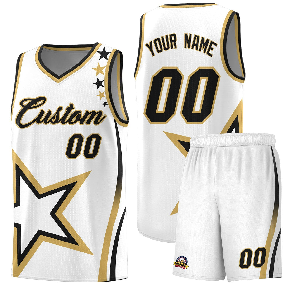 Custom White Shoulder Stars Graffiti Pattern Sets Basketball Jersey