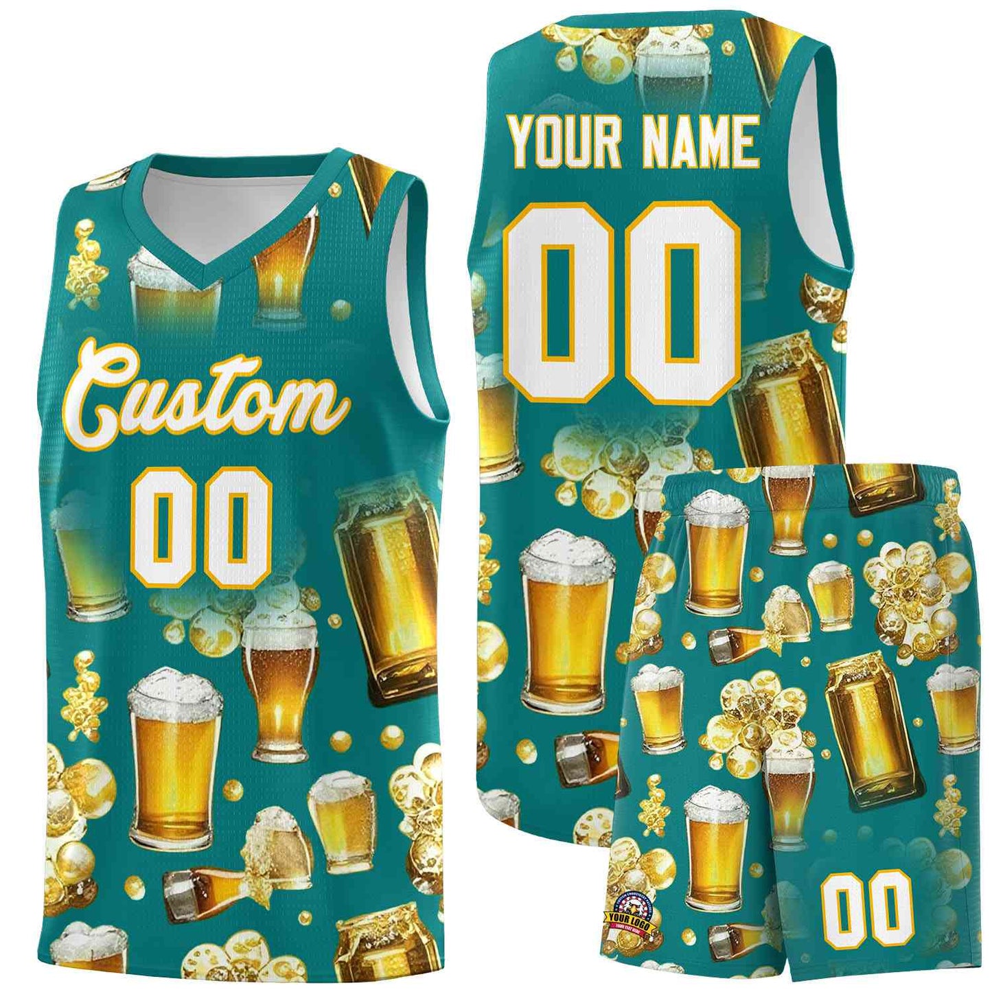 Custom Teal National Beer Day Personalized Beer Bubble Basketball Jersey