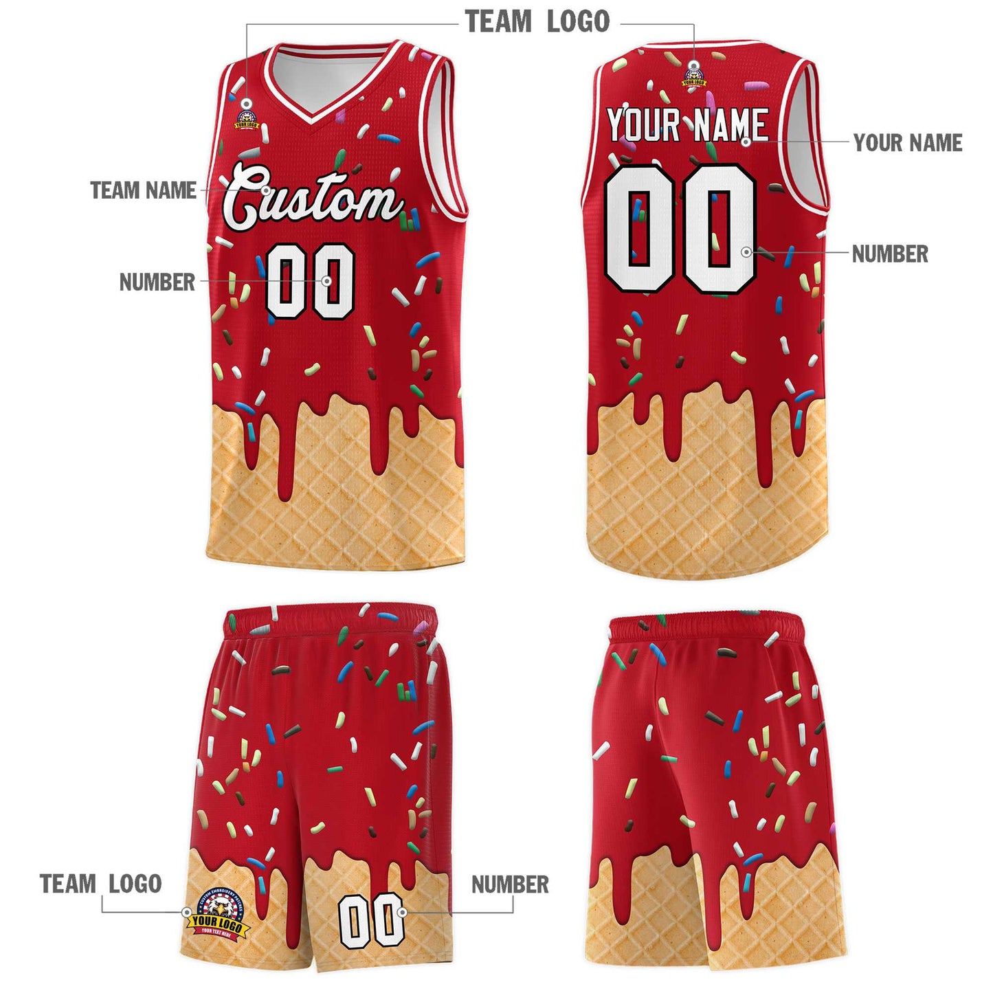 Custom Red Basketball Kits with Ice Cream Element Pattern Limited