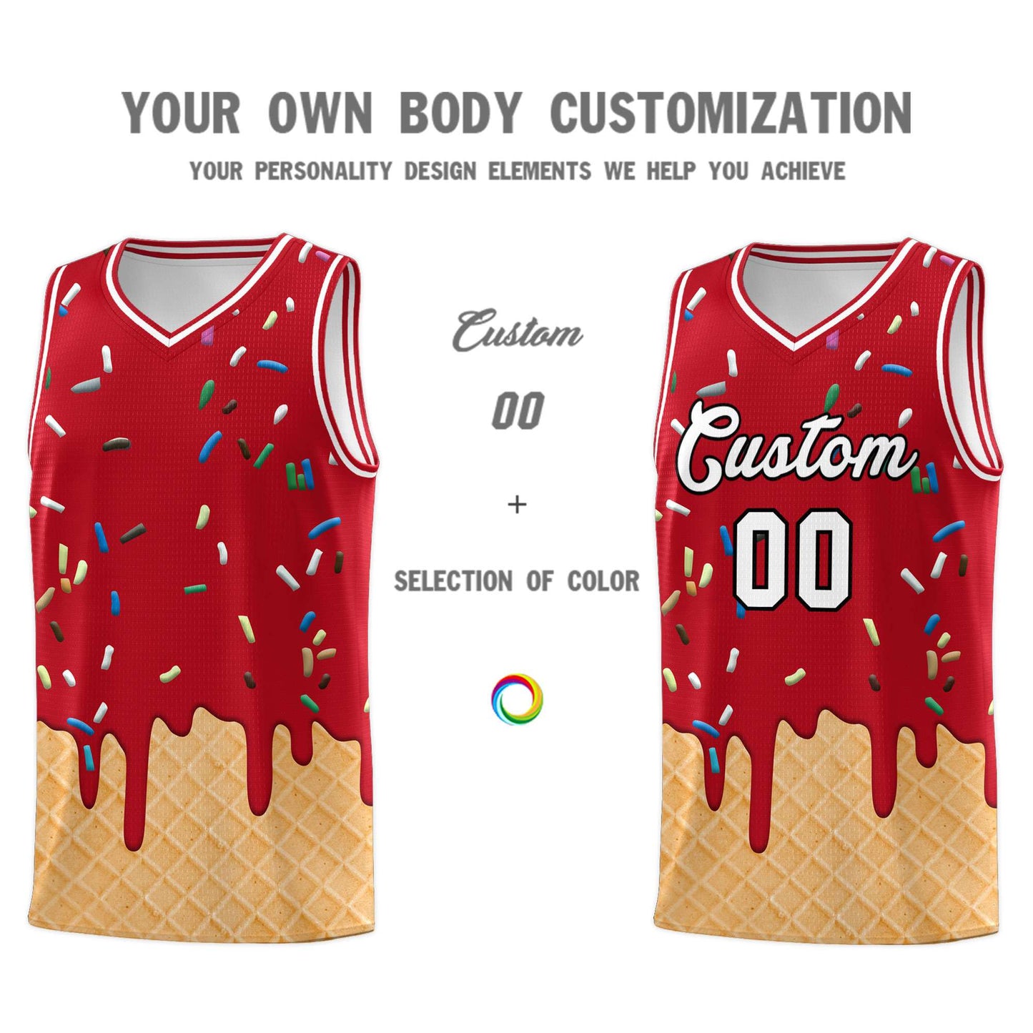 Custom Red Basketball Kits with Ice Cream Element Pattern Limited