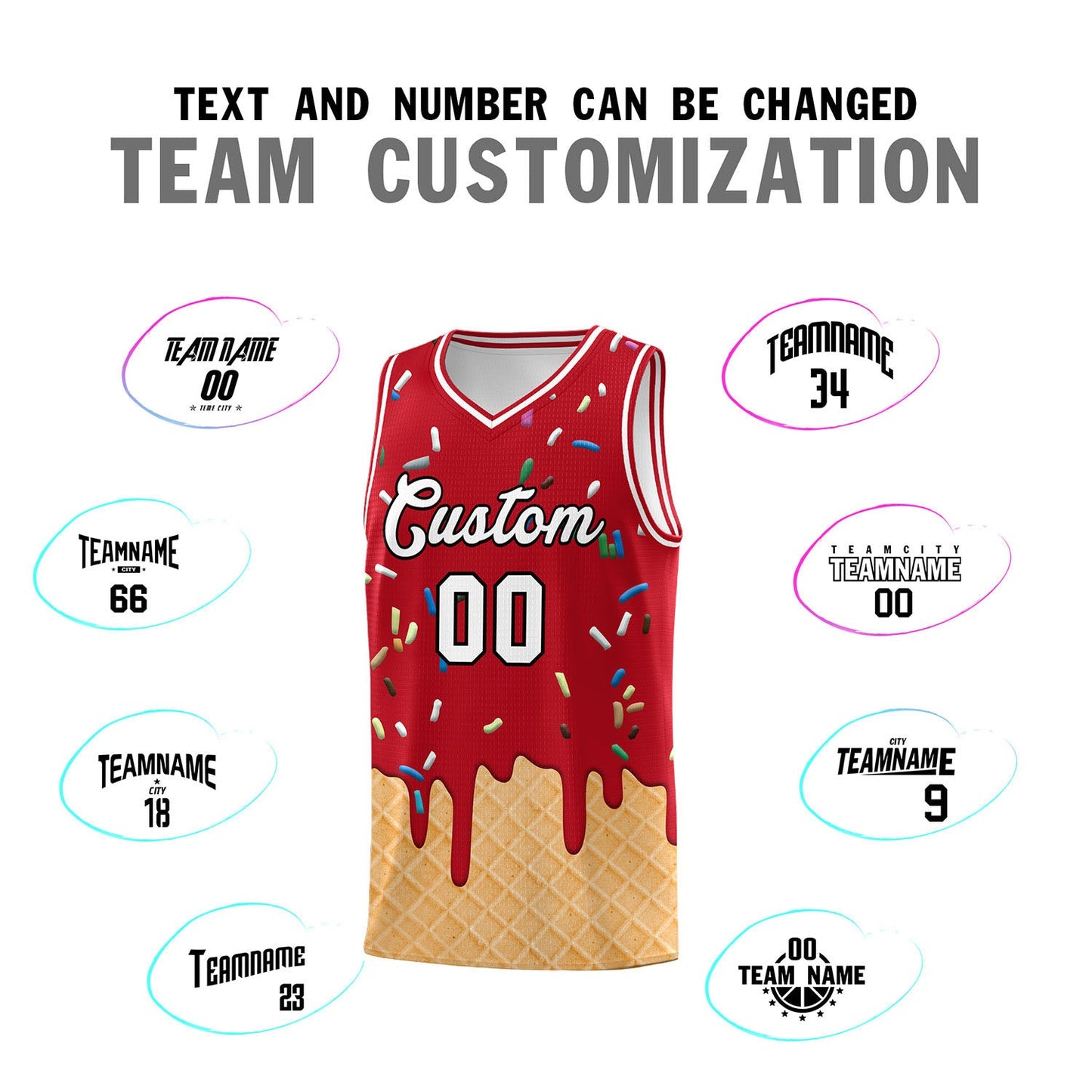 Custom Red Basketball Kits with Ice Cream Element Pattern Limited