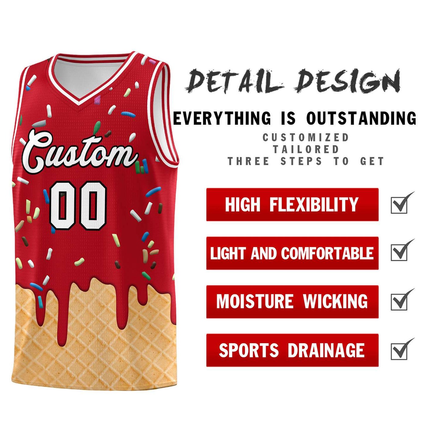 Custom Red Basketball Kits with Ice Cream Element Pattern Limited
