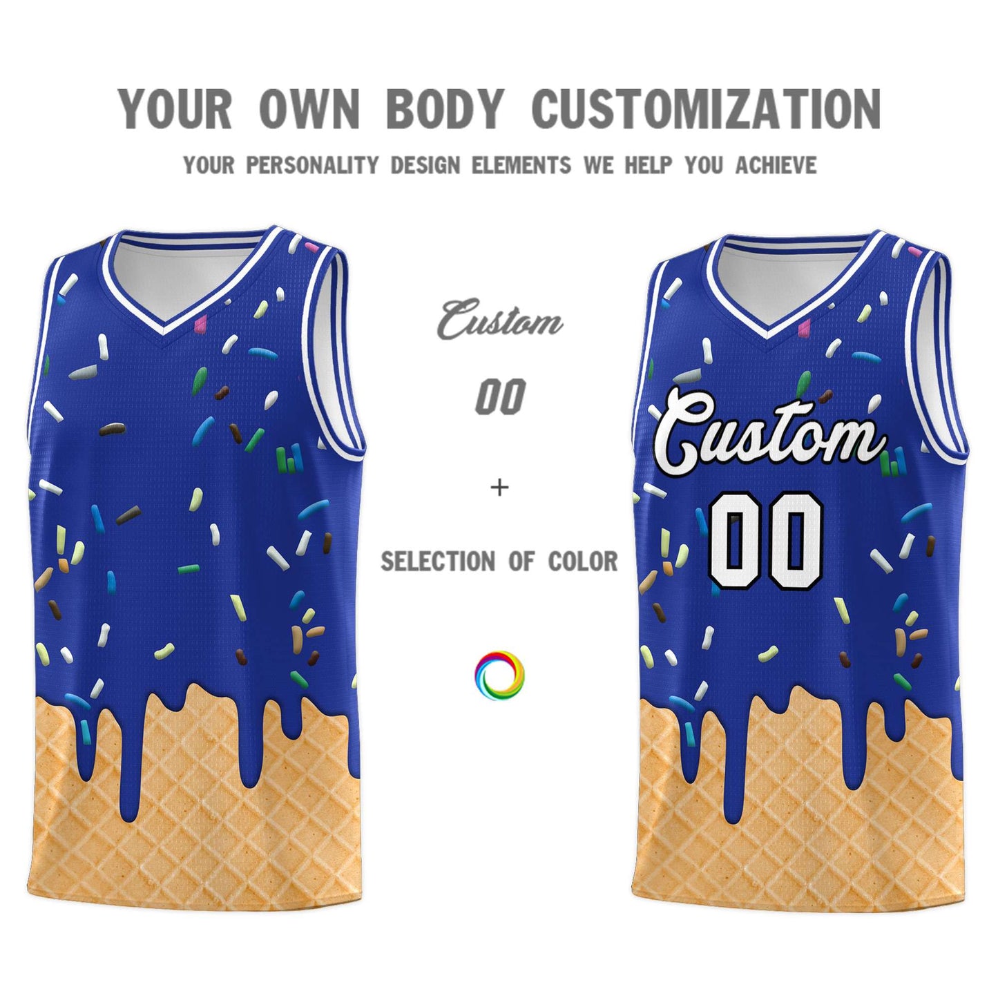 Custom Royal Blue Basketball Kits with Ice Cream Element Pattern Limited
