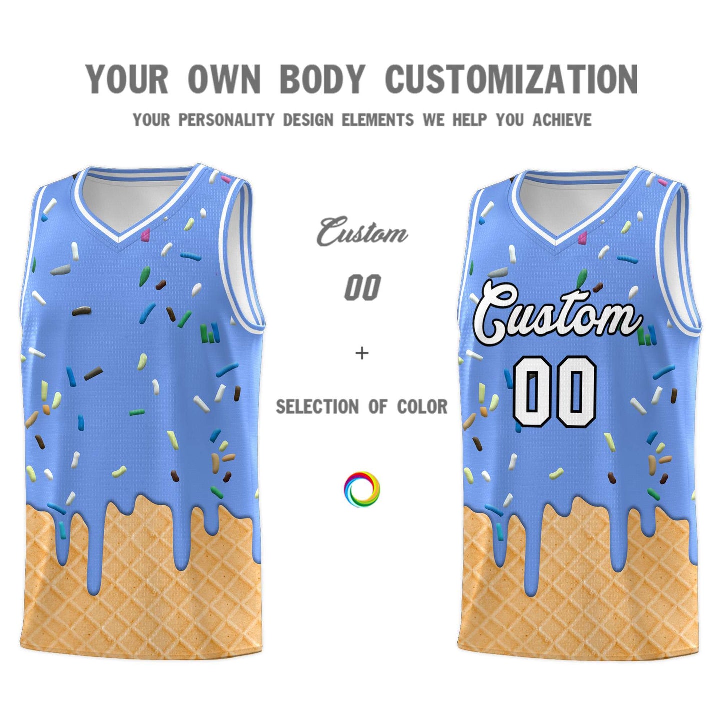 Custom Light Blue Basketball Kits with Ice Cream Element Pattern Limited
