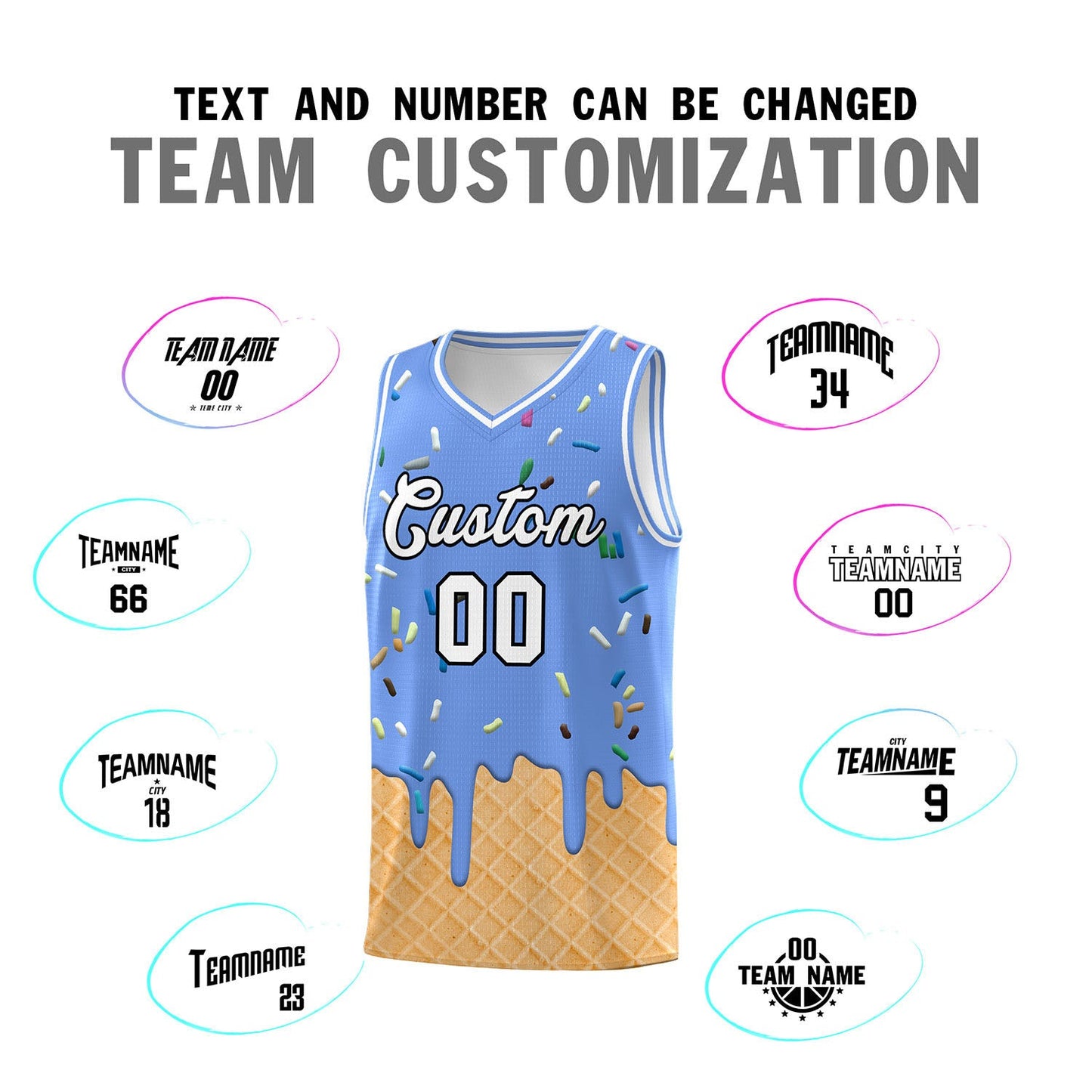 Custom Light Blue Basketball Kits with Ice Cream Element Pattern Limited