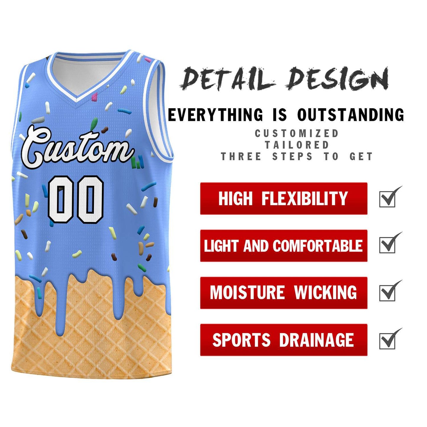 Custom Light Blue Basketball Kits with Ice Cream Element Pattern Limited