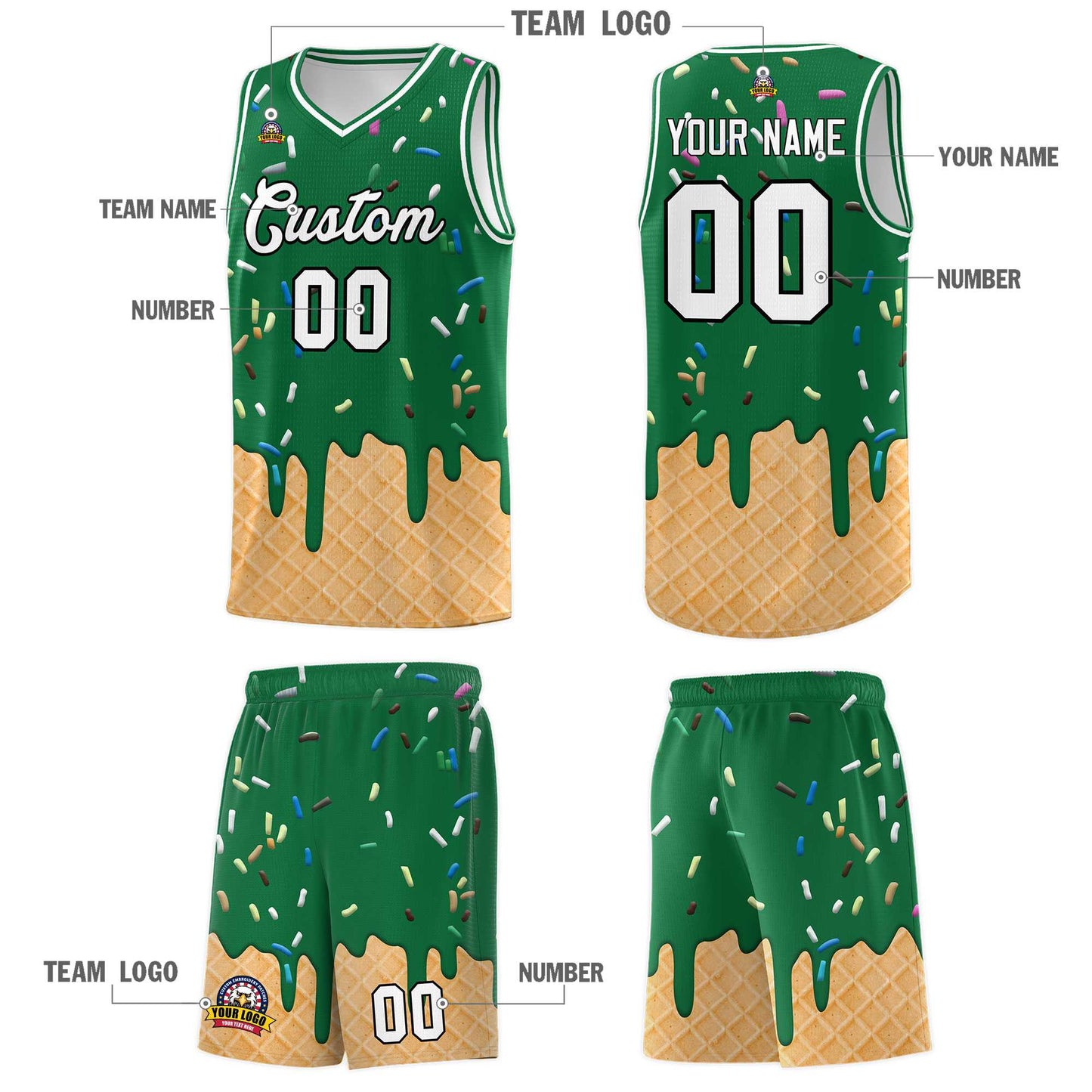 Custom Kelly Green Basketball Kits with Ice Cream Element Pattern Limited