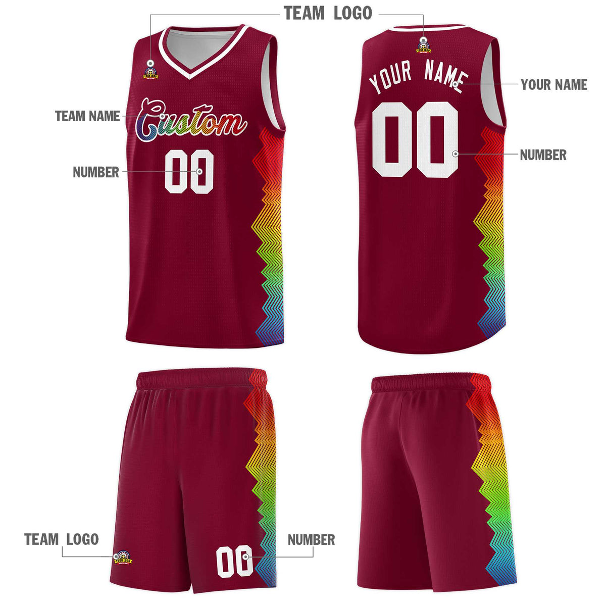 Custom Crimson Denver Nuggets Rainbow Side Sports Uniform Basketball Jersey Limited