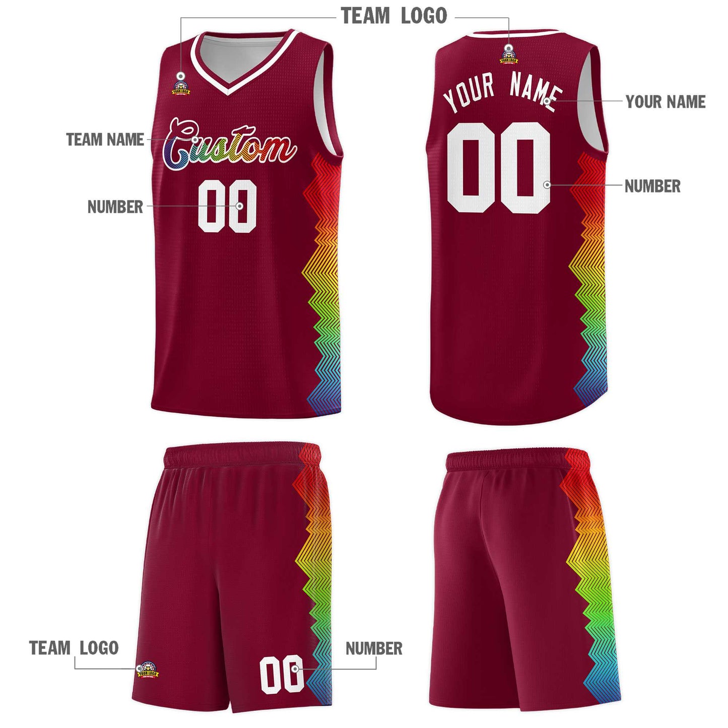 Custom Crimson Denver Nuggets Rainbow Side Sports Uniform Basketball Jersey Limited