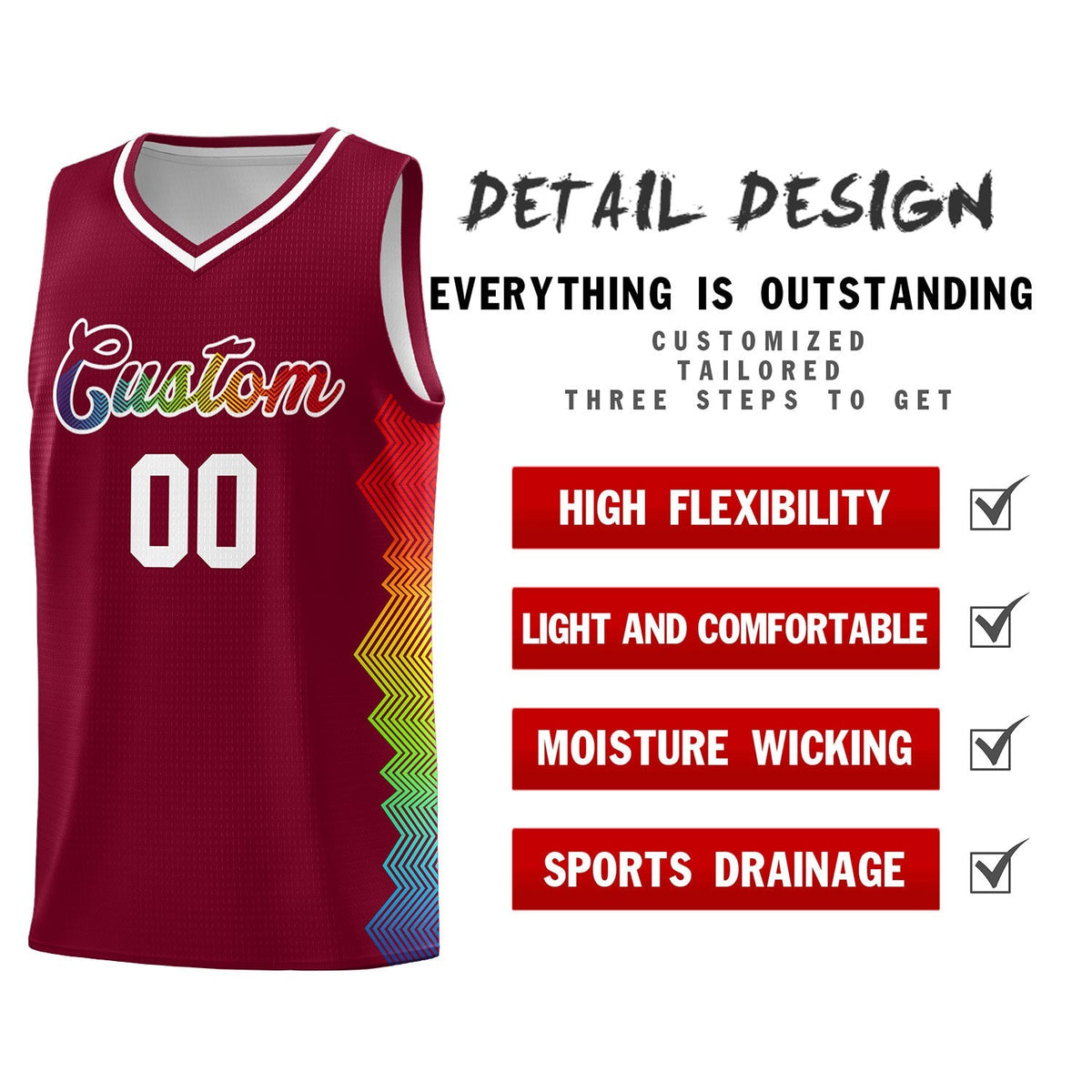 Custom Crimson Denver Nuggets Rainbow Side Sports Uniform Basketball Jersey Limited