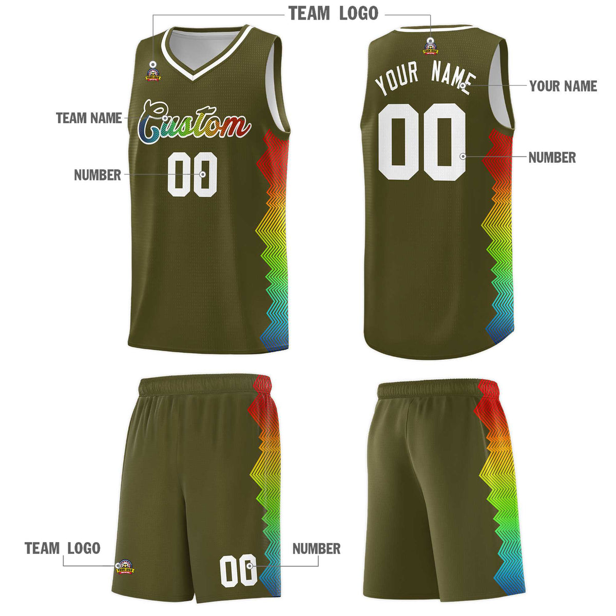 Custom Olive Denver Nuggets Rainbow Side Sports Uniform Basketball Jersey Limited