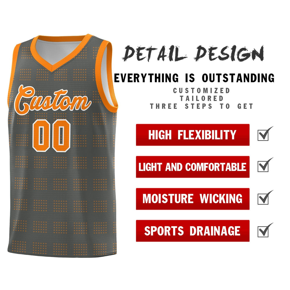 Custom Dark Gray Orange Trailblazer Dot Pattern Sports Uniform Basketball Jersey Limited