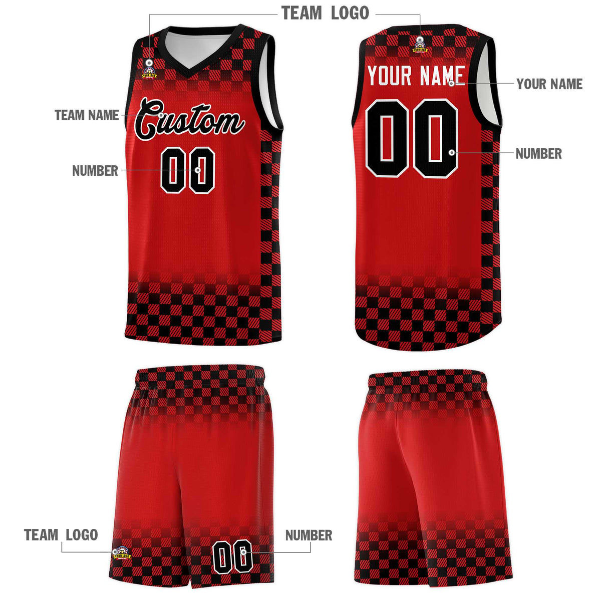 Custom Red Black Classic Plaid Pattern Sports Uniform Basketball Jersey Limited