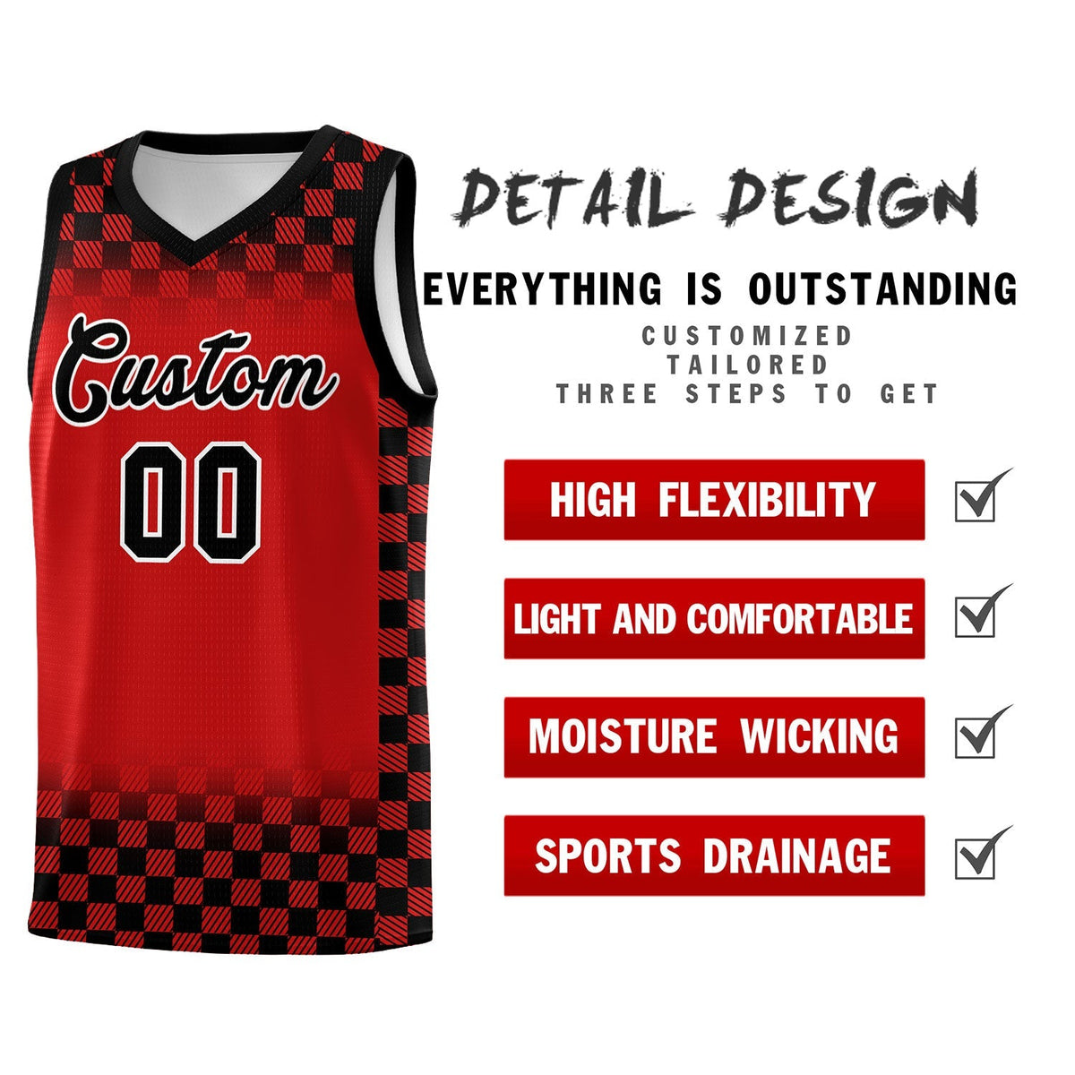Custom Red Black Classic Plaid Pattern Sports Uniform Basketball Jersey Limited