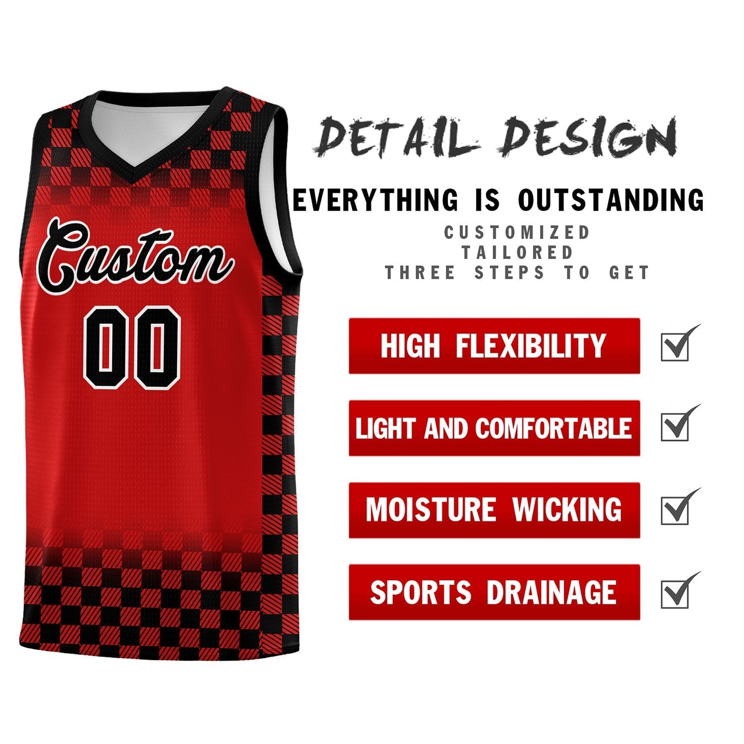Custom Red Black Classic Plaid Pattern Sports Uniform Basketball Jersey Limited