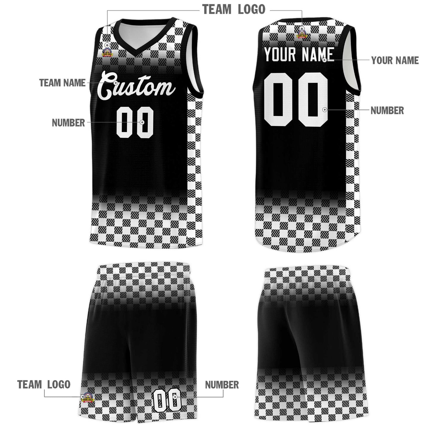 Custom Black White Classic Plaid Pattern Sports Uniform Basketball Jersey Limited
