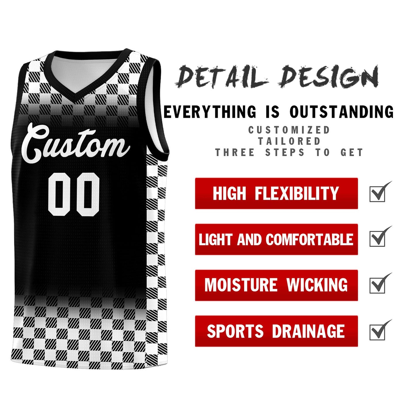 Custom Black White Classic Plaid Pattern Sports Uniform Basketball Jersey Limited
