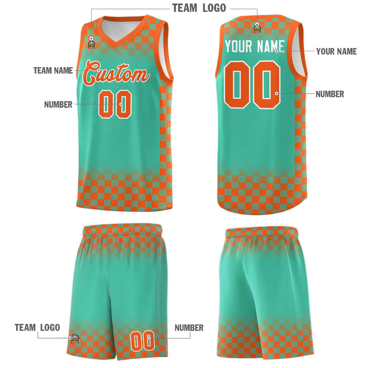 Custom Bright Green Orange Classic Plaid Pattern Sports Uniform Basketball Jersey Limited