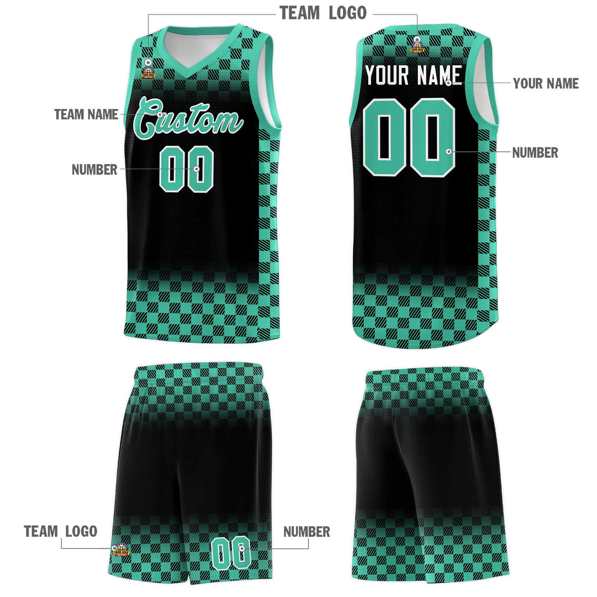 Custom Black Bright Green Classic Plaid Pattern Sports Uniform Basketball Jersey Limited