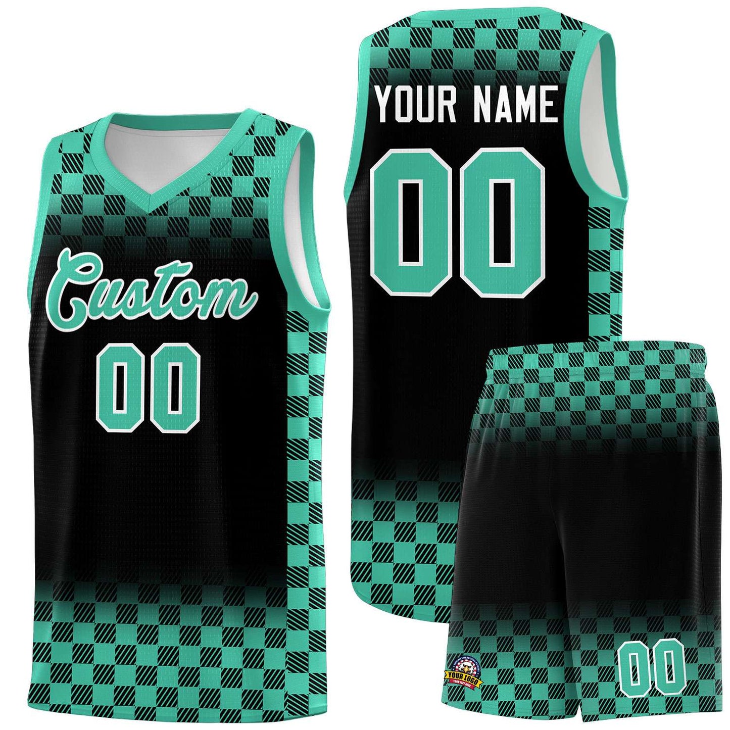 Custom Black Bright Green Classic Plaid Pattern Sports Uniform Basketball Jersey