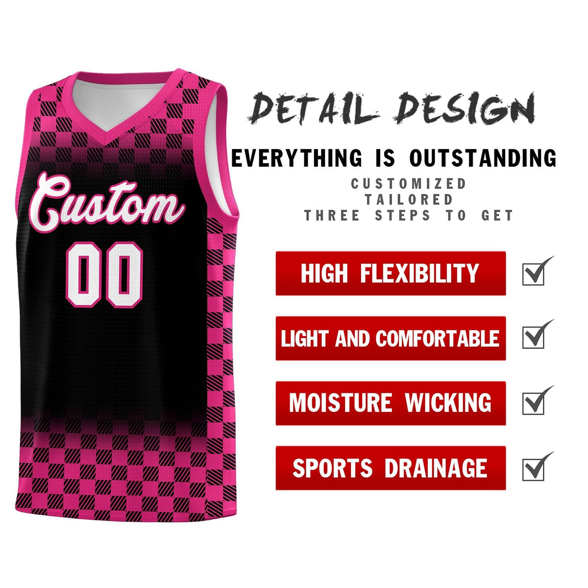Custom Black Pink Classic Plaid Pattern Sports Uniform Basketball Jersey Limited