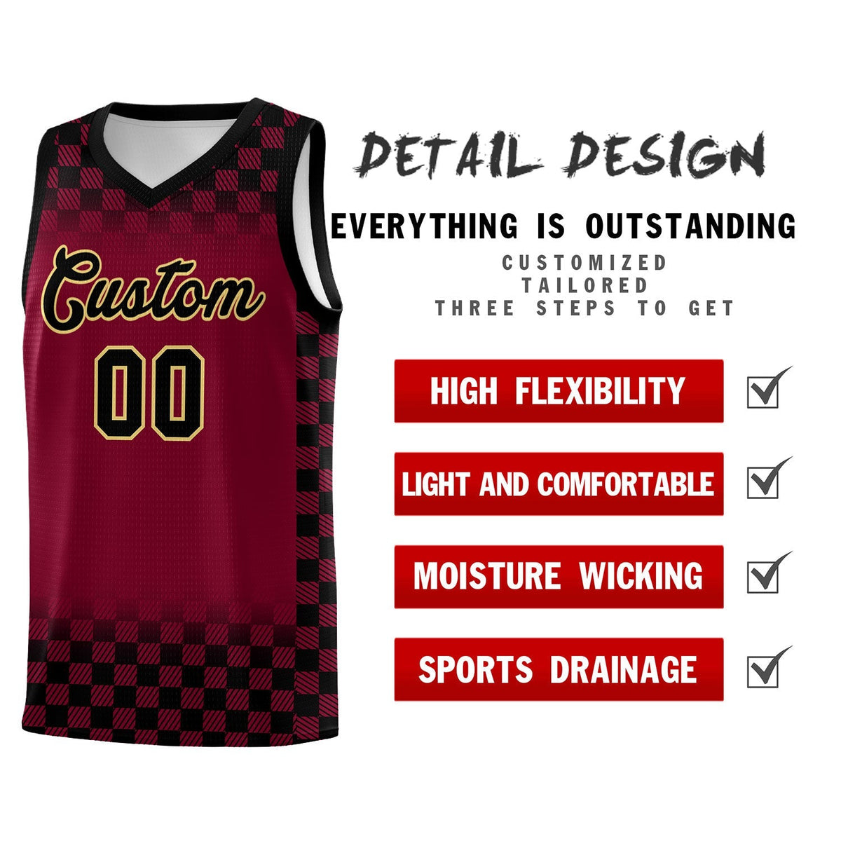 Custom Crimson Black Classic Plaid Pattern Sports Uniform Basketball Jersey Limited